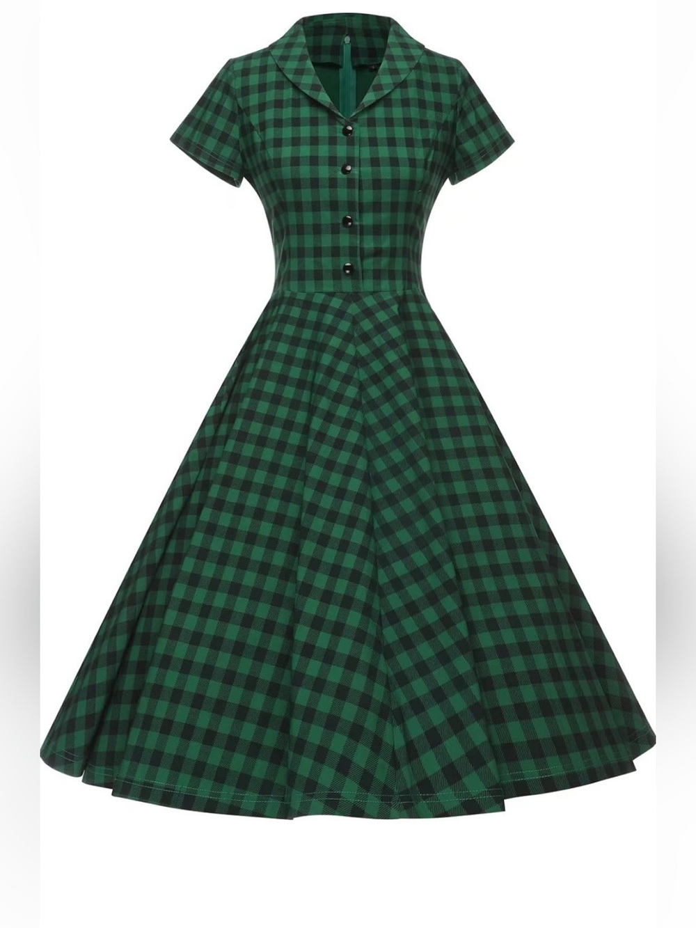 Vintage-Inspired Green and Black Checked Fit & Flare Dress